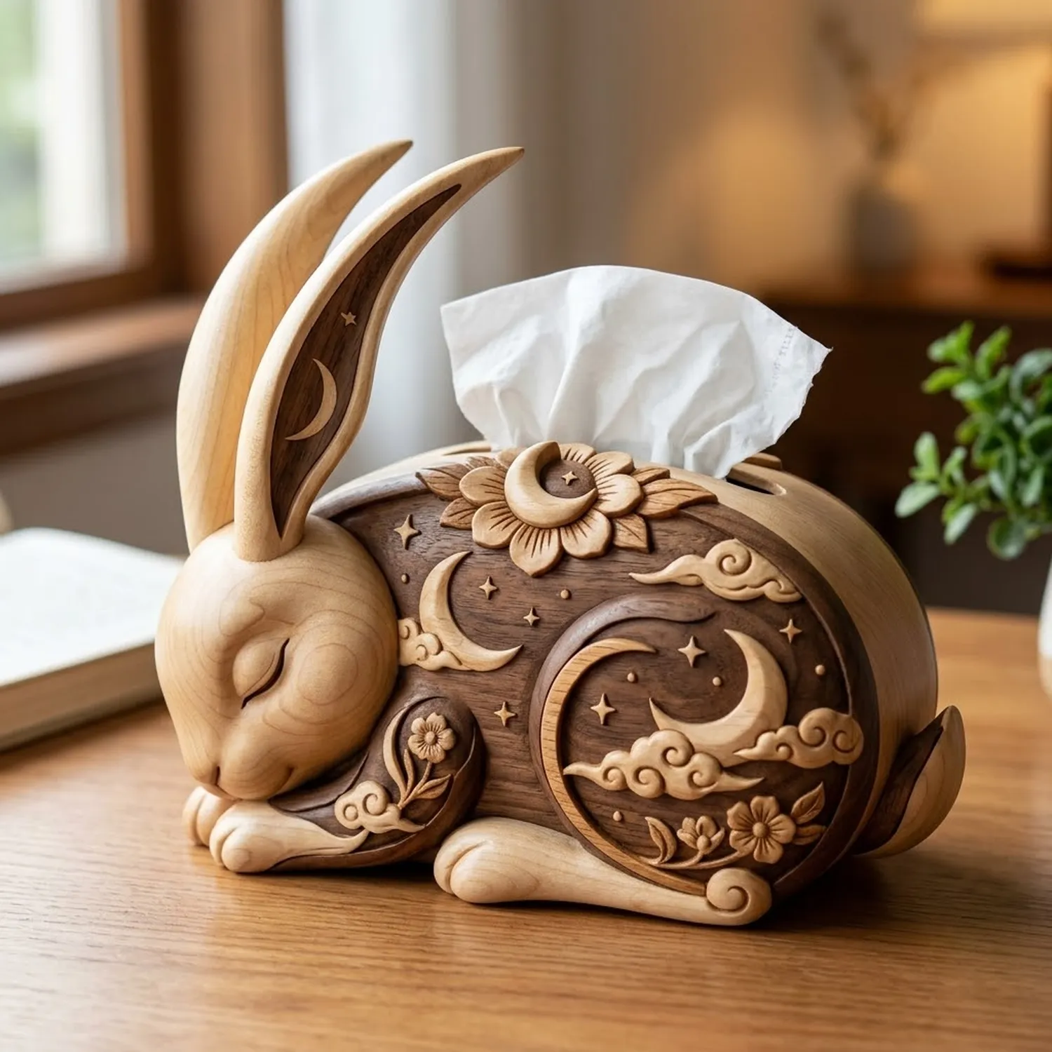 Wood Moon Bunny Tissue Box Astrological Mythological Creature Storybook Decor