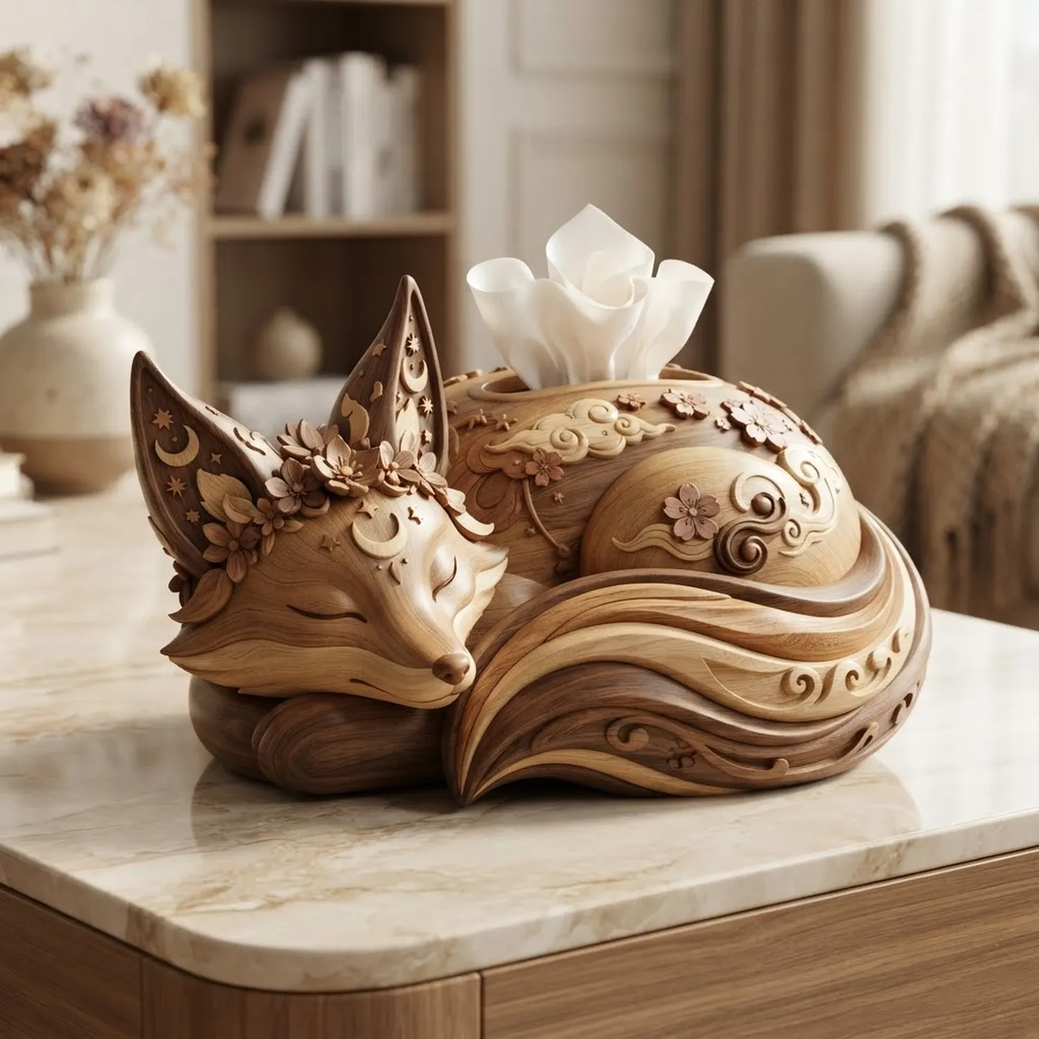 Wood Fox Bloom Tissue Box Woodland Animal Floral Aesthetic Accent