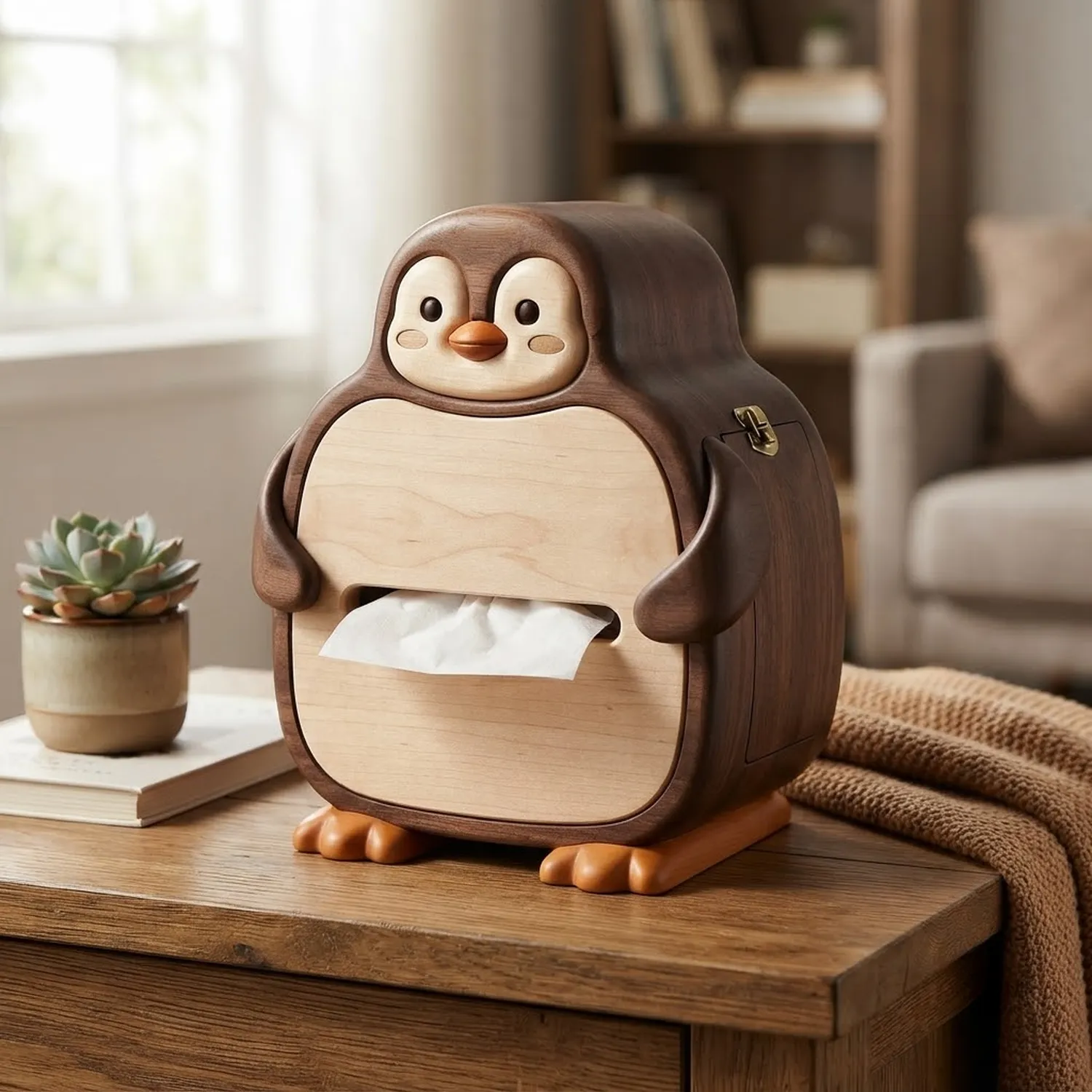 Wood Penguin Pod Tissue Box Arctic Animal Theme Playful Children Room Accent