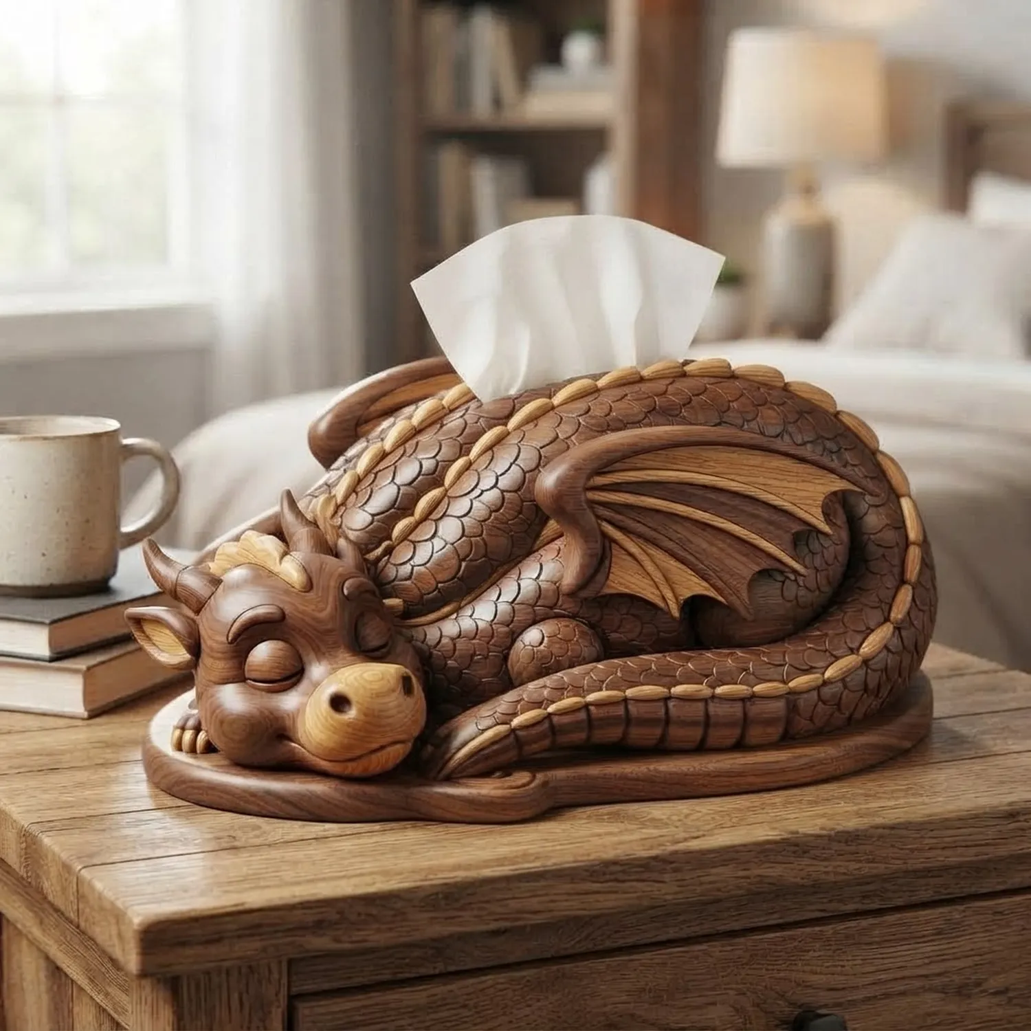 Wood Sleepy Dragon Tissue Box Mythological Creature Storybook Interior Decor