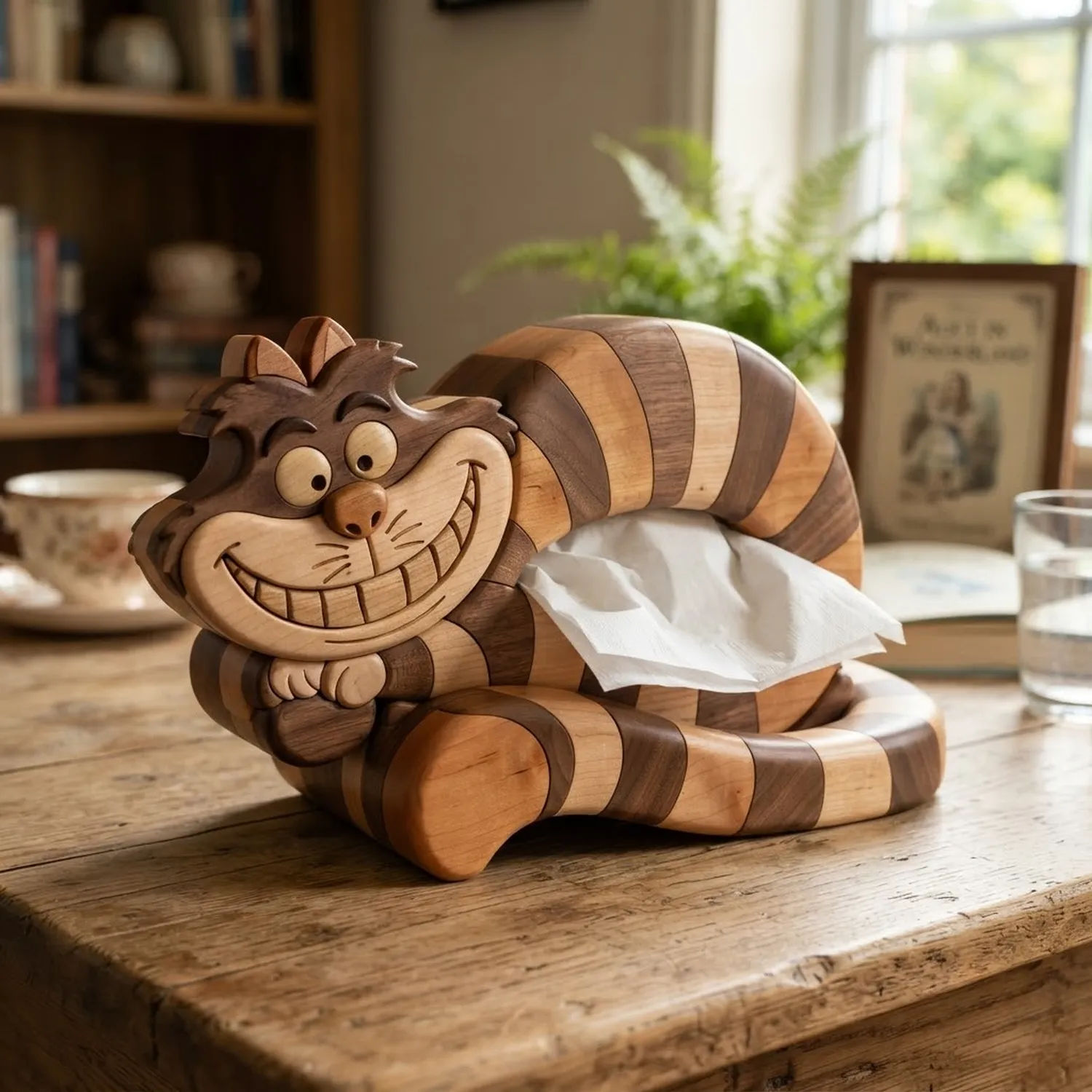 Wood Cheshire Cat Tissue Box Whimsical Fantasy Character Storybook Interior Decor