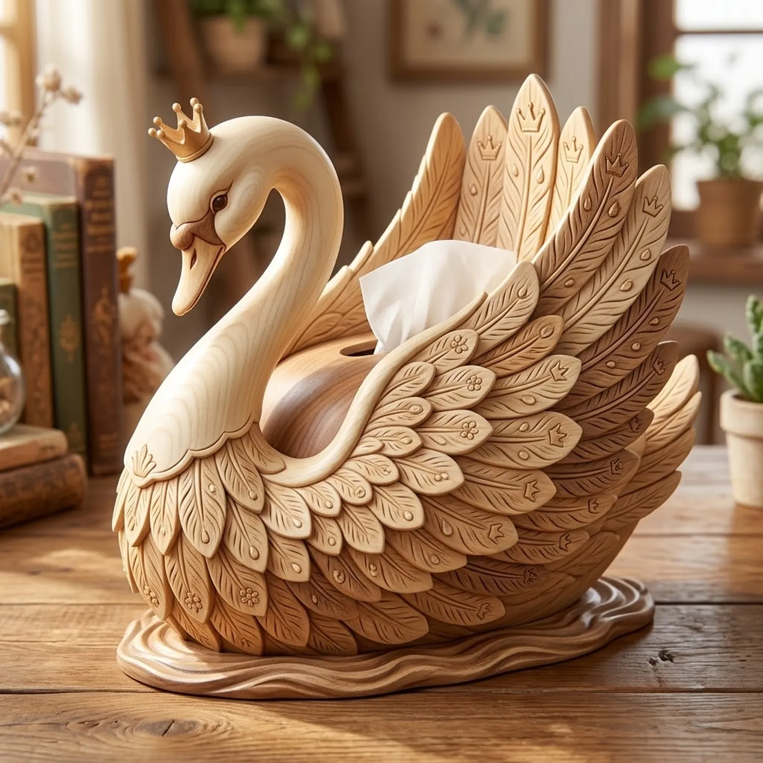 Wood Swan Princess Tissue Box Whimsical Fantasy Character Storybook Interior Decor