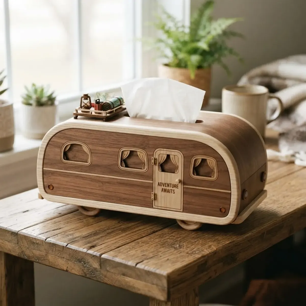 Wooden Cozy Camper Tissue Box Home Decor