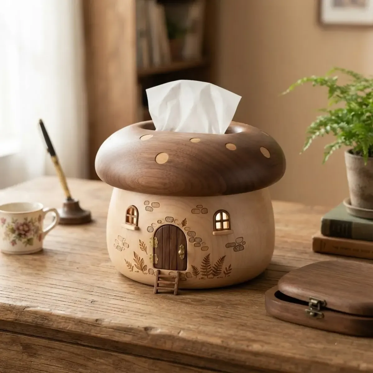 Wooden Mushroom House Tissue Box Home Decor