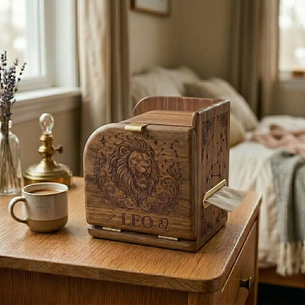 Wooden Tissue Box Cover Leo Zodiac Constellation Home Decor