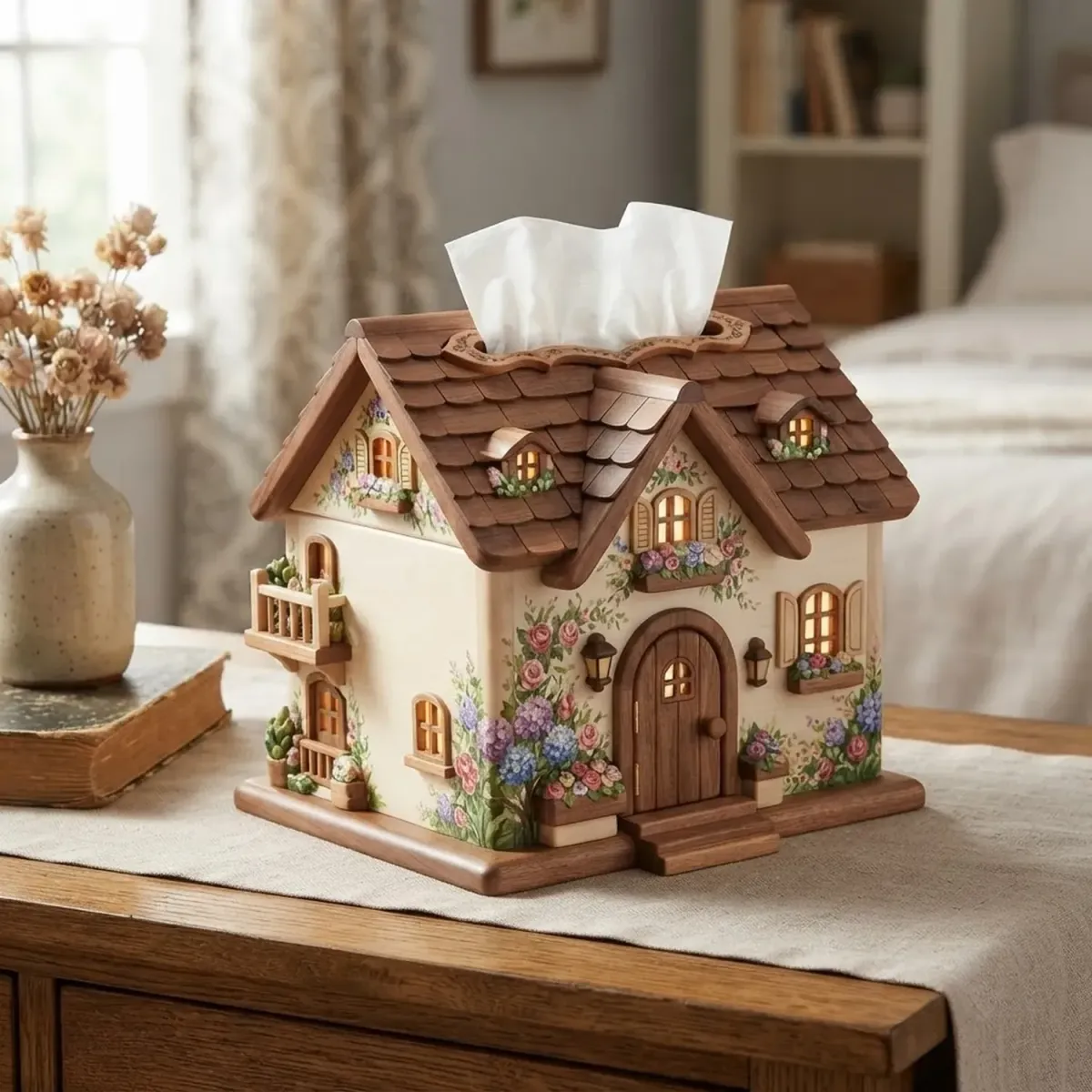 Wooden Floral Cottage Tissue Box Whimsical Miniature Home Decor