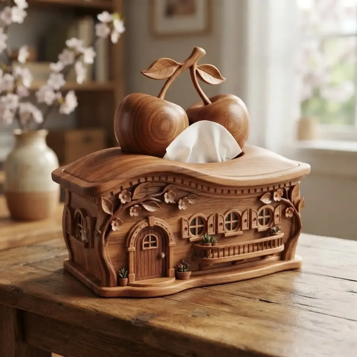 Wooden Cherry Blossom Tissue Box Home Decor