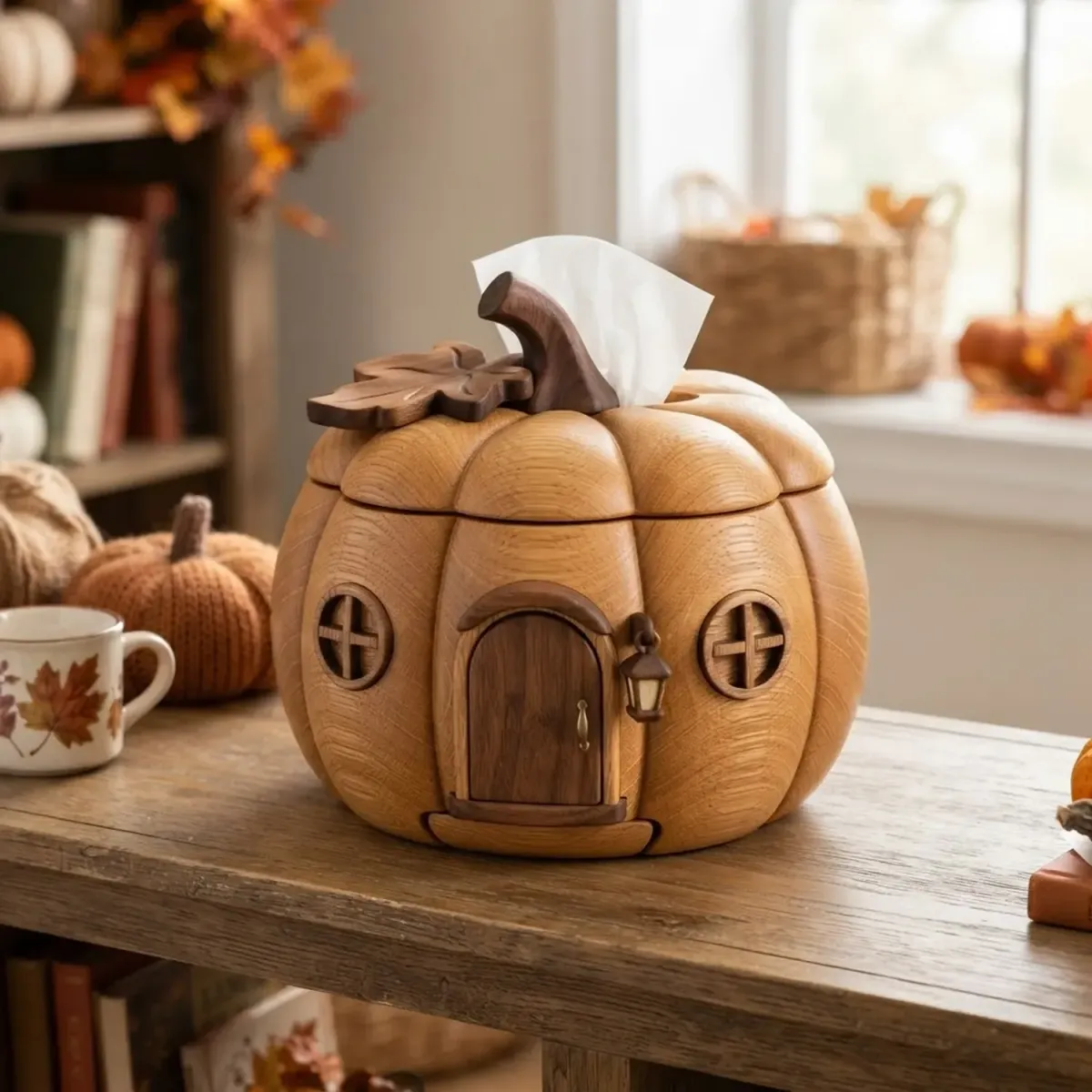 Wooden Pumpkin Cottage Tissue Box Rustic Fall Style Tabletop Decor