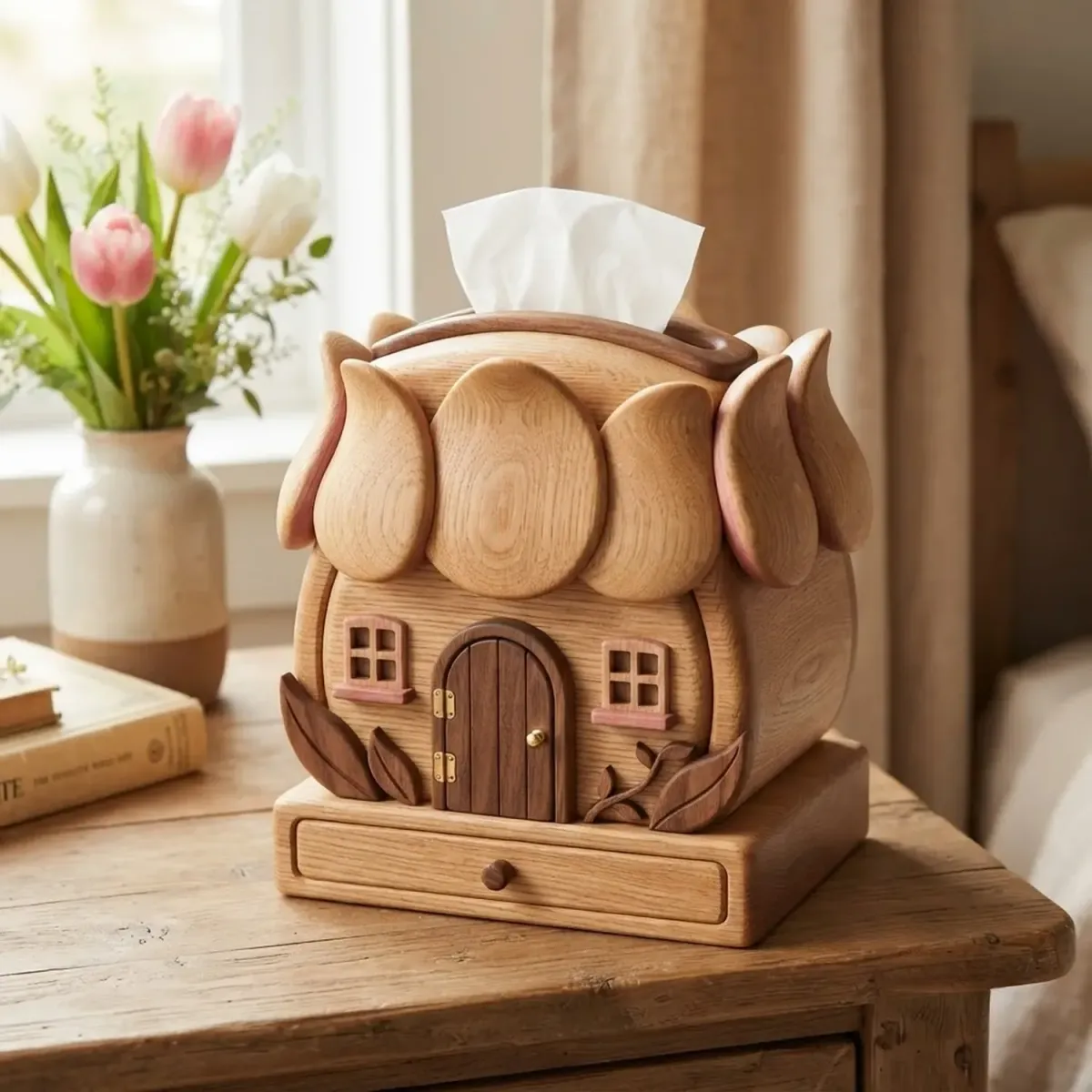 Wooden Tulip House Tissue Box Charming Floral Shape Wood Craft