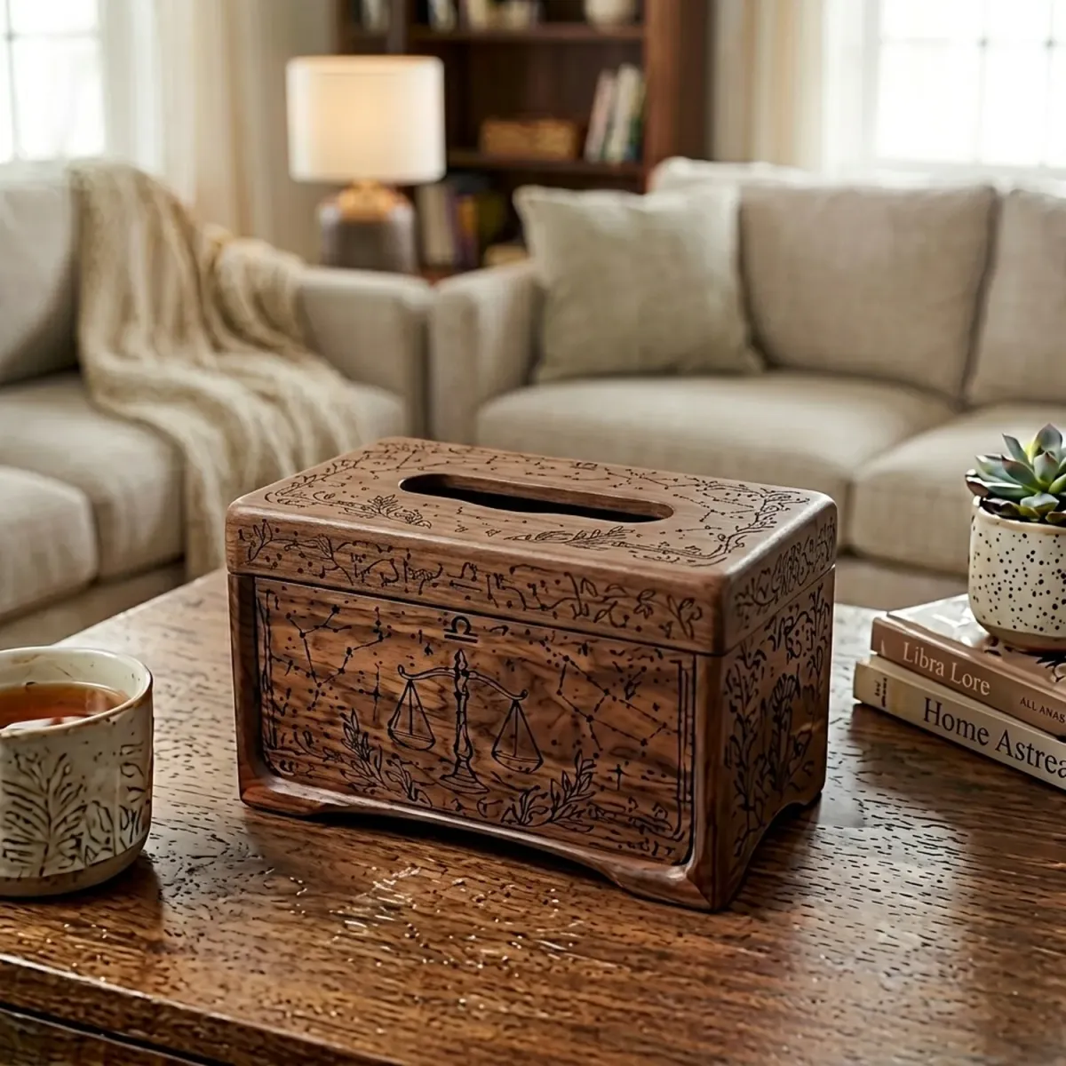 Wooden Tissue Box Cover Libra Zodiac Constellation Home Decor