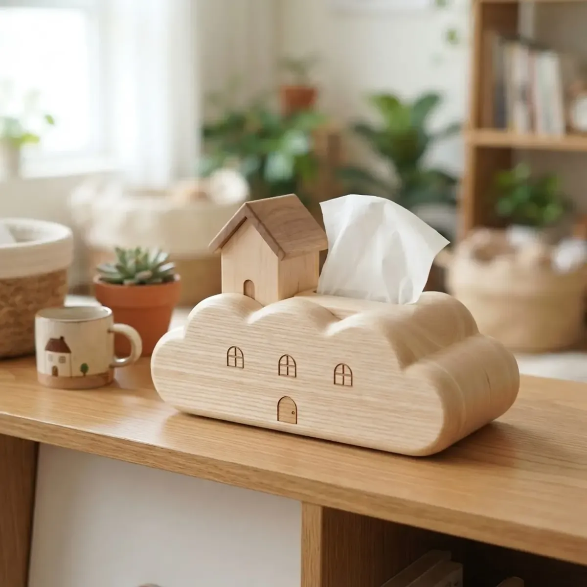 Wooden Cloud House Tissue Box Home Decor